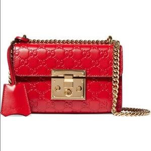 GUCCI small GG red leather padlock shoulder bag